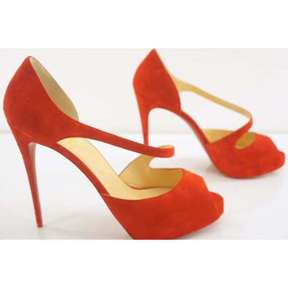 Christian Louboutin Catchy Two Platform Peep Toe Pumps SZ 41 11 Loubi Red Suede - Picture 6 of 9